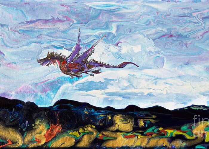 Dragon Fantasy Landscape Greeting Card featuring the painting Dragon Breezin By7403 by Priscilla Batzell Expressionist Art Studio Gallery