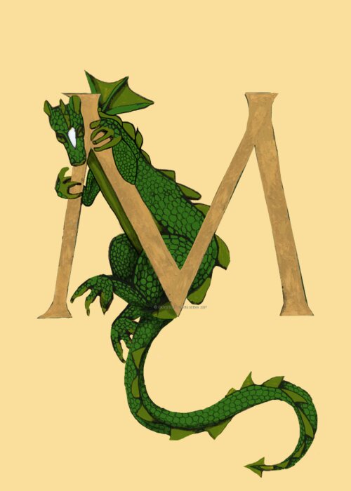 Dragon Greeting Card featuring the mixed media Dragon Letter M no roses by Donna Huntriss