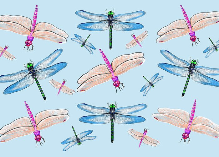Dragonflies In Blue Sky By Judy Link Cuddehe Greeting Card featuring the mixed media Dragonflies in Blue Sky by Judy Link Cuddehe