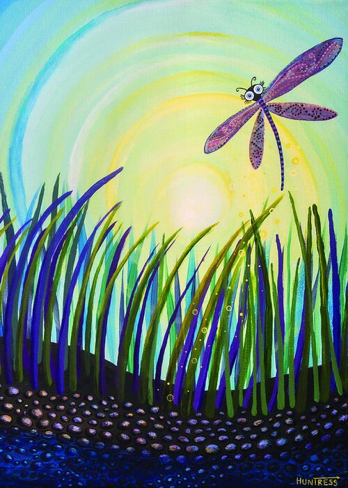 Dragon Fly Greeting Card featuring the painting Dragonfly at the Bay III by Mindy Huntress