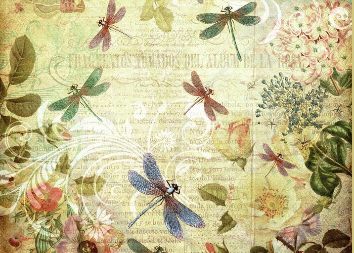 Dragonflies Greeting Card featuring the mixed media Dragonfly Dreams - Antiqued by Peggy Collins
