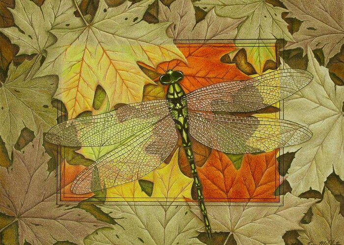 Kim Mcclinton Greeting Card featuring the drawing Dragonfly Fall by Kim McClinton