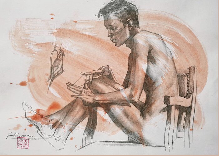 Male Nude Greeting Card featuring the drawing Drawing male nude #20214 by Hongtao Huang