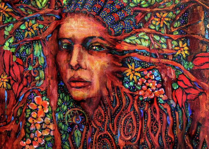 Acrylic Greeting Card featuring the painting Dream Messenger-Earth Sentinel by Cora Marshall