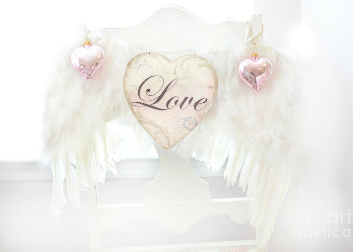 Love Greeting Card featuring the photograph Dreamy Ethereal White Angel Wings Romantic Love Heart - Valentine Love Heart Pink White Angel Wings by Kathy Fornal