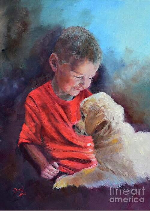 Boy And His Dog Greeting Card featuring the painting Drewby meets Buddy by Jan Dappen