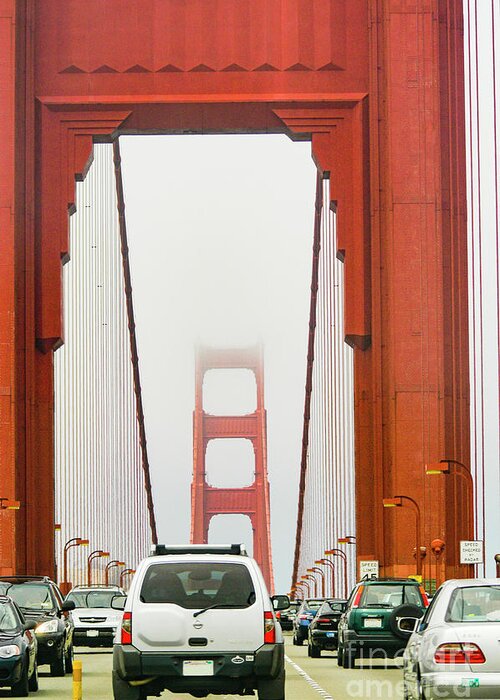 Golden Gate Bridge Greeting Card featuring the photograph Driving into low clouds and fog on the Golden Gate Bridge by Gunther Allen