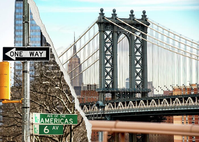 Manhattan Bridge Greeting Card featuring the photograph Dual Torn Collection - Americas by Philippe HUGONNARD