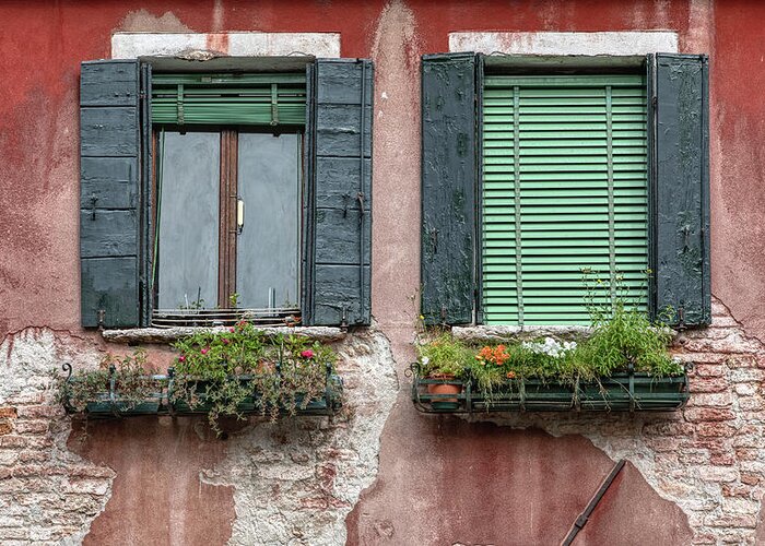 Venice Greeting Card featuring the photograph Dueling Rustic Windows of Venice by David Letts