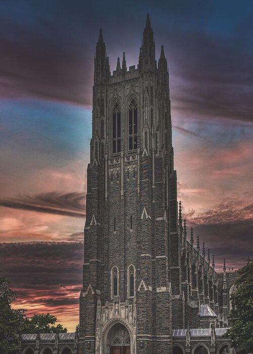 Duke University Greeting Card featuring the photograph Duke University Chapel at Sunset by Mountain Dreams