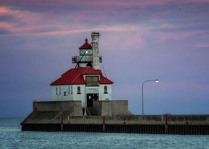 Duluth Lighthouse Greeting Card featuring the photograph Duluth South Breakwater Outer Light After Sunset by Susan Rissi Tregoning