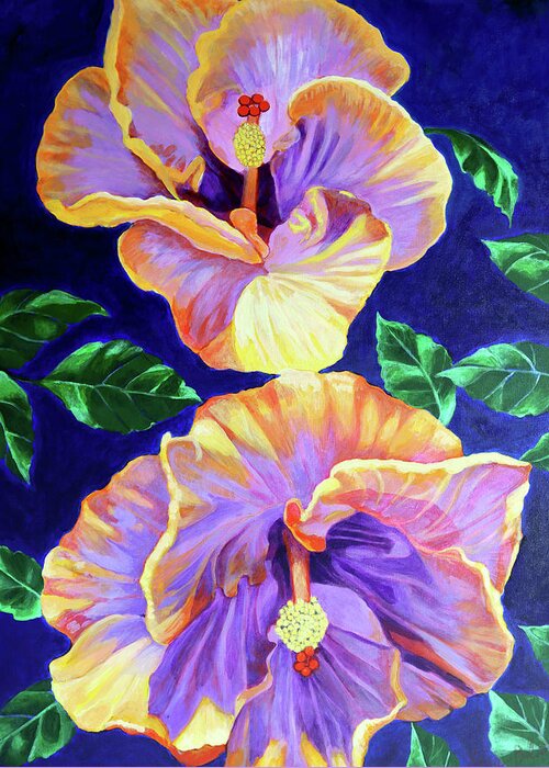 Orange And Violet Hibiscus Flowers Greeting Card featuring the painting Durga and Kali by Kyra Belan