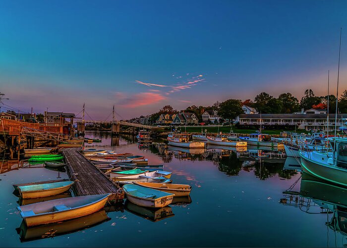 Perkins Cove Greeting Card featuring the photograph Dusk at Perkins Cove by Penny Polakoff