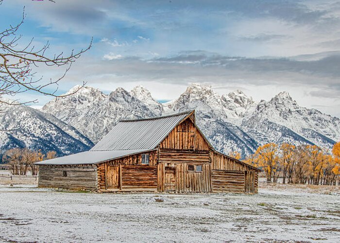 Wyoming Greeting Card featuring the photograph Early Fall Snow at Mormon Row, A Grand Tetons Panorama by Marcy Wielfaert