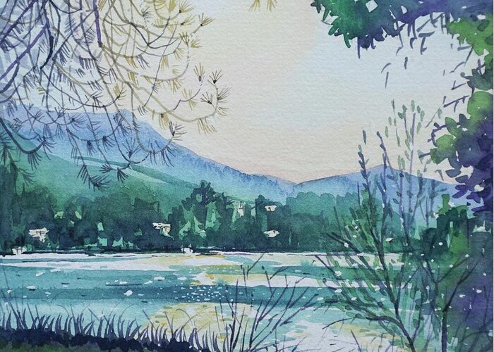 Watercolor Greeting Card featuring the painting Early Morning on the Lake by Luisa Millicent