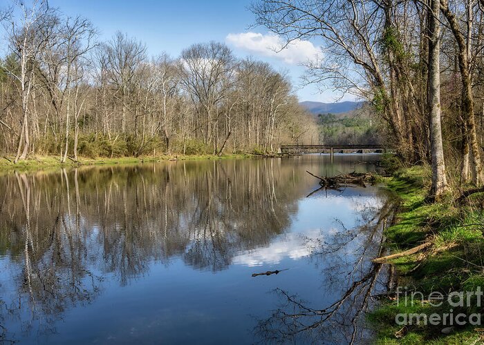 River; Reflection; South Holston; Tennesseee; Northeast Tennessee; Spring; Springtime; Green; Blue; Grass; Tree; Trees; Reflections; Cloud; Clouds; Water; Stream; Tributary; Rock; Rocks; Outdoor Photographyshelia Hunt; Shelia Hunt Photography; Landscape; Landscape Photography; Nature; Nature Photography; Outdoors; Outdoor Photography; Leaf; Branch; Bridge Greeting Card featuring the photograph Early Spring on South Fork II by Shelia Hunt