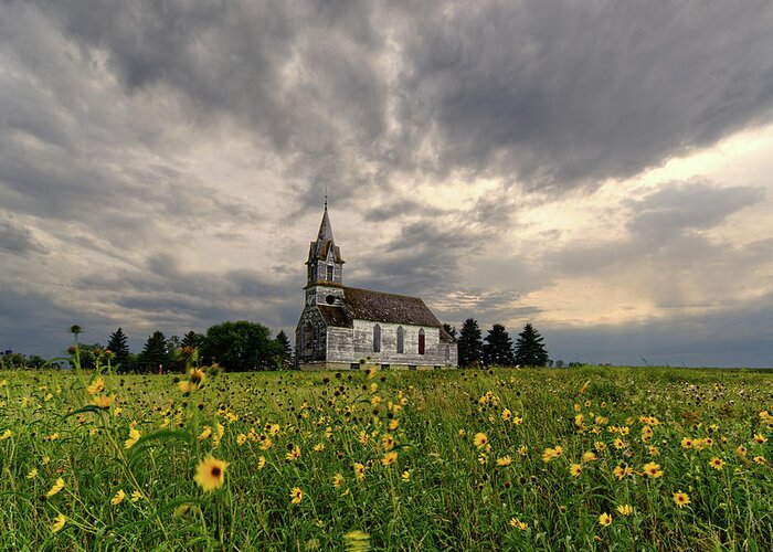  Greeting Card featuring the photograph East Norway Lutheran Church in Nelson County ND - abandoned church with wildflowers by Peter Herman