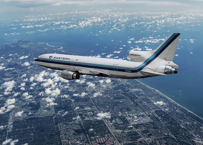 Eastern Airlines Greeting Card featuring the mixed media Eastern Airlines L-1011 Whisperliner over Florida by Erik Simonsen