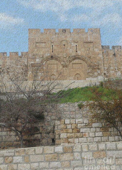 Jerusalem Greeting Card featuring the digital art Eastern Gate Jerusalem by Constance Woods