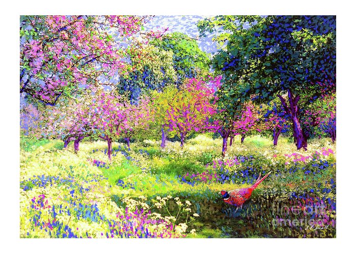 Floral Greeting Card featuring the painting Echoes from Heaven, Spring Orchard Blossom and Pheasant by Jane Small