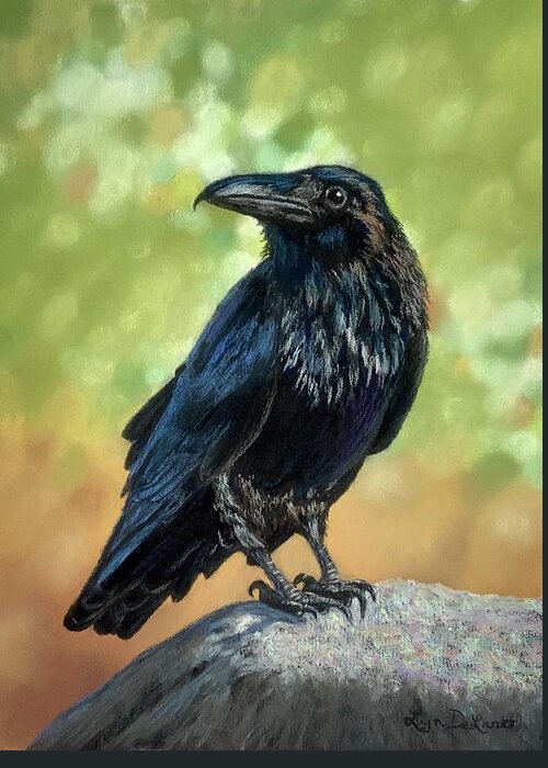 Raven Greeting Card featuring the pastel Ed the Raven by Lyn DeLano
