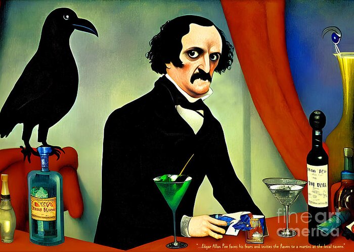 Wingsdomain Greeting Card featuring the photograph Edgar Allan Poe Faces His Fears And Invites The Raven To A Martini At The Local Tavern 20221119a2 by Wingsdomain Art and Photography