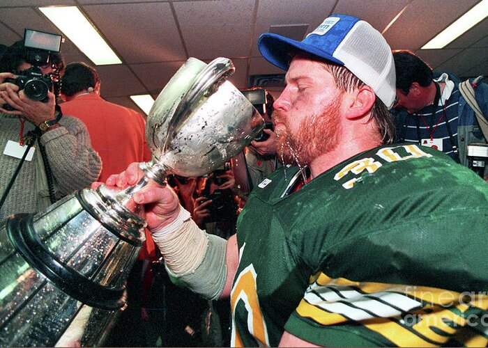Terry Elniski Photography Greeting Card featuring the photograph Edmonton Eskimos 1987 Grey Cup - Dressing Room Celebration - Danny Bass Drinks From Grey Cup by Terry Elniski