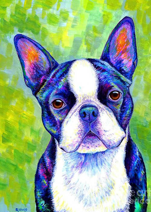 Boston Terrier Greeting Card featuring the painting Effervescent - Colorful Boston Terrier Dog by Rebecca Wang