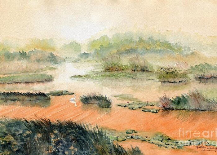 Egret On The Marsh Greeting Card featuring the painting Egret On The Marsh by Melly Terpening