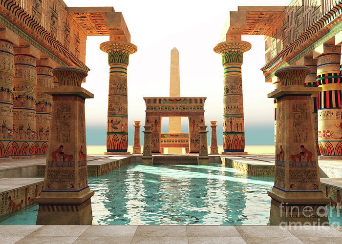Pool Greeting Card featuring the digital art Egyptian Pool with Obelisk by Corey Ford