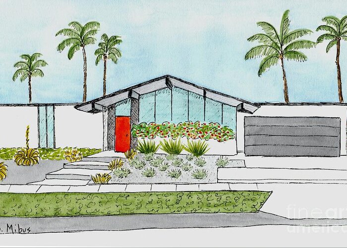 Mid Century Modern Home Greeting Card featuring the painting Eichler Home in California by Donna Mibus
