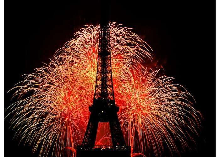 Medium Format Greeting Card featuring the photograph Eiffel Tower and the fire works. by Cyril Jayant