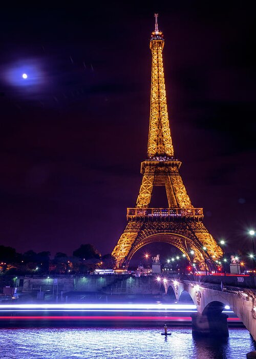 Eiffel Tower Greeting Card featuring the photograph Eiffle tower and the moon in Paris by Andrew Lalchan