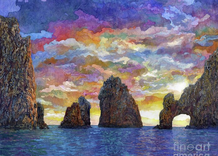 Sunset Greeting Card featuring the painting El Arco - Arch of Cabo San Lucas by Hailey E Herrera