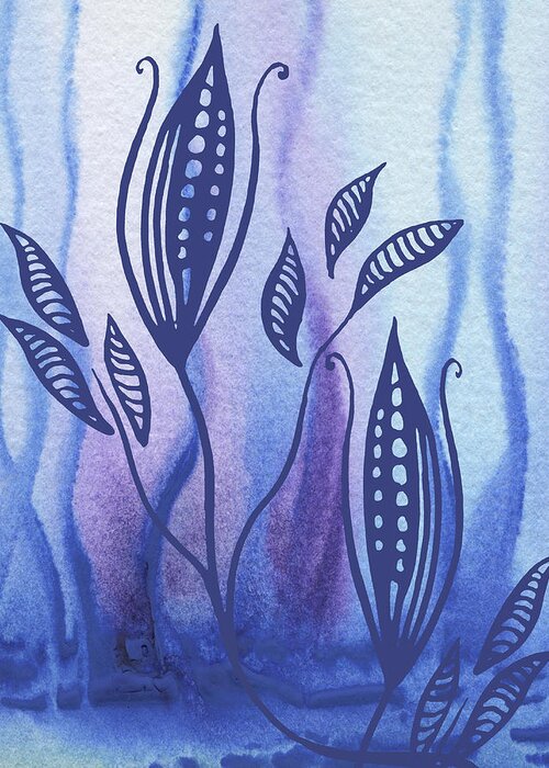 Floral Pattern Greeting Card featuring the painting Elegant Pattern With Leaves In Blue And Purple Watercolor II by Irina Sztukowski
