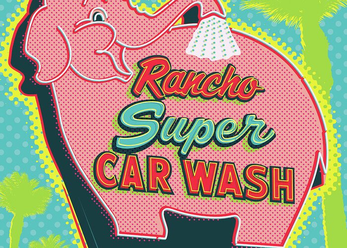 Pop Art Greeting Card featuring the digital art Elephant Car Wash - Rancho Mirage - Palm Springs by Jim Zahniser