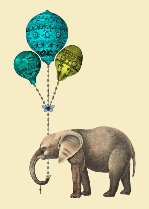 Elephant Greeting Card featuring the digital art Elephant holding blue and yellow balloons by Madame Memento