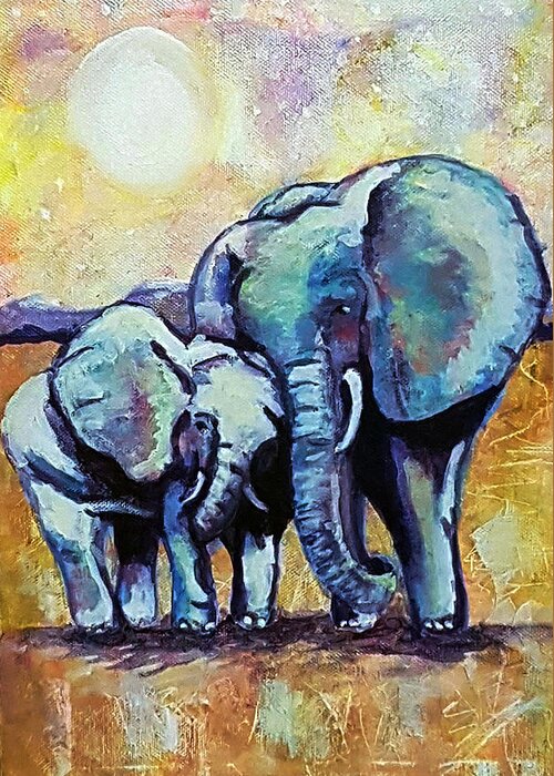Traditional Greeting Card featuring the painting Elephant with Baby by Rose Lewis