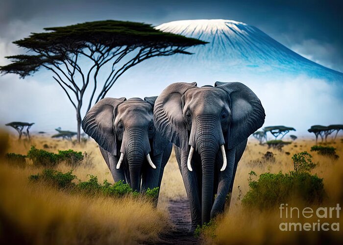 Elephant Greeting Card featuring the photograph Elephants on african savanna with Mount Kilimanjaro. Generative AI by Michal Bednarek