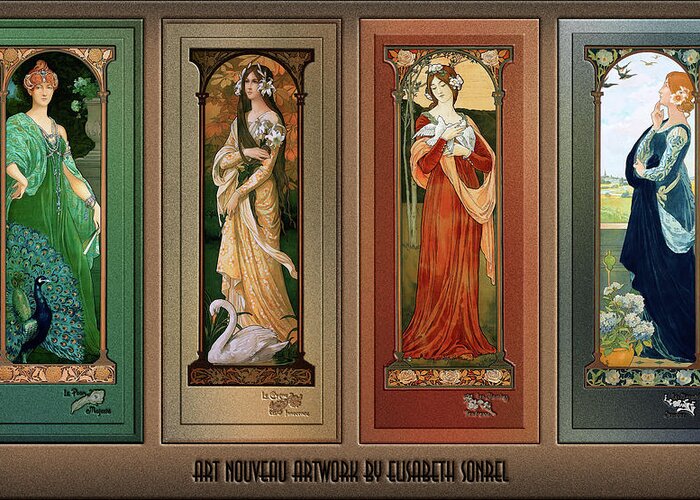 Peacock Greeting Card featuring the painting Elisabeth Sonrel Art Nouveau Maiden Bird Series by Rolando Burbon
