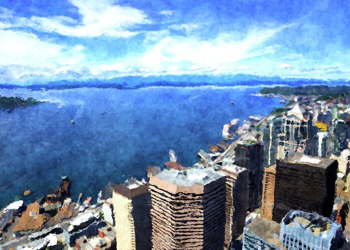Columbia Center Greeting Card featuring the digital art Elliott Bay Seattle by SnapHappy Photos