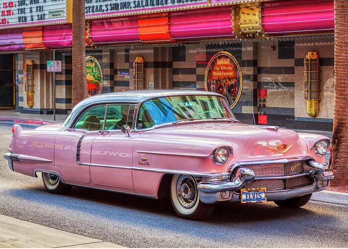Elvis Pink Cadillac Greeting Card featuring the photograph Elvis Pink Cadillac tour on Fremont Street Experience by Tatiana Travelways