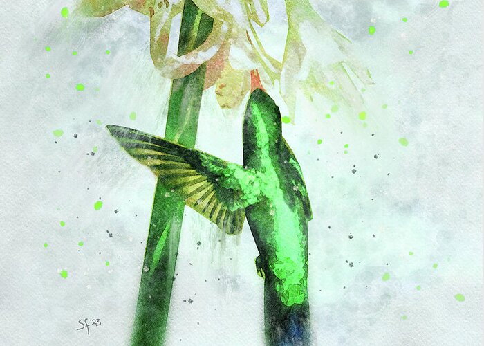 Hummingbird Greeting Card featuring the mixed media Emerald Green Hummingbird Watercolor Wildlife Painting by Shelli Fitzpatrick