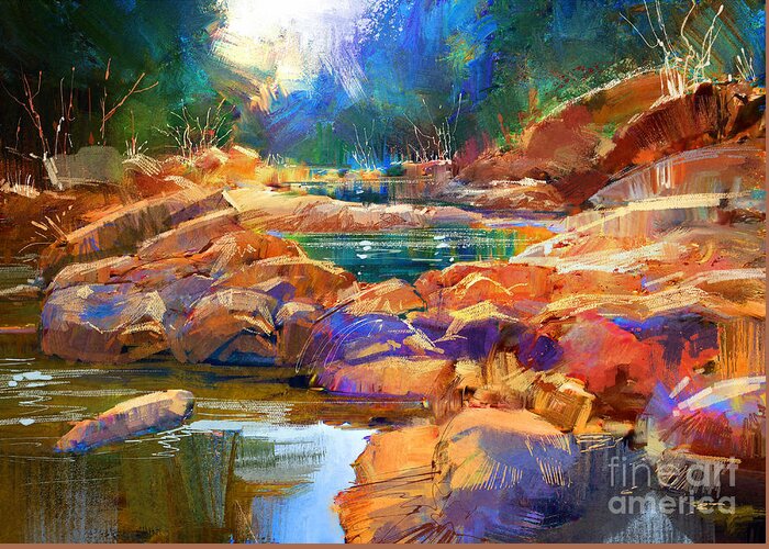 Abstract Greeting Card featuring the painting Enchanted Creek by Tithi Luadthong