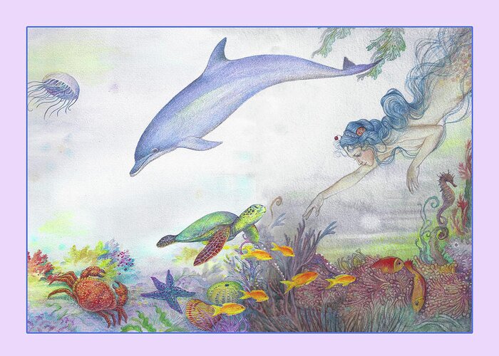Mermaid Greeting Card featuring the painting Enchanting Mermaid and Dolphin by Judith Cheng