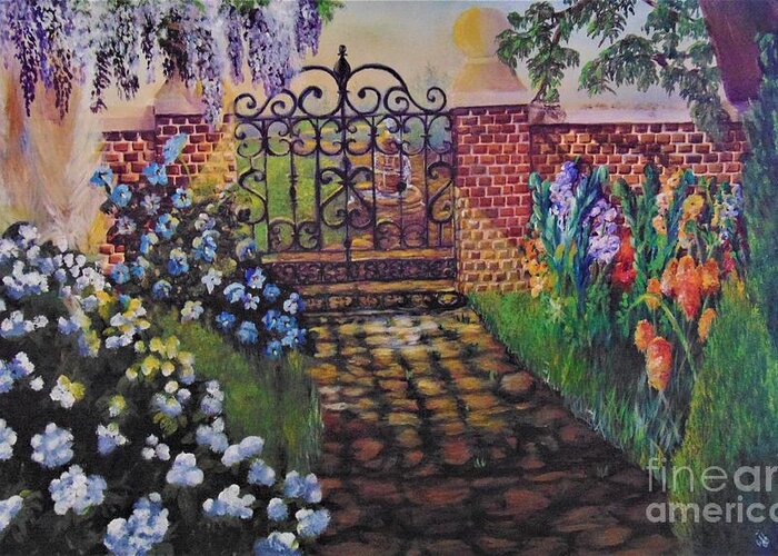 Garden Greeting Card featuring the painting English Garden by Saundra Johnson