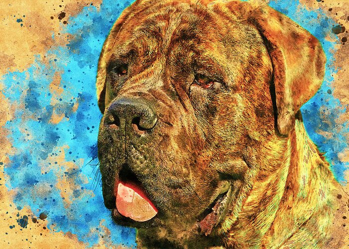 English Mastiff Greeting Card featuring the digital art English Mastiff head close-up - digital painting with a vintage look by Nicko Prints
