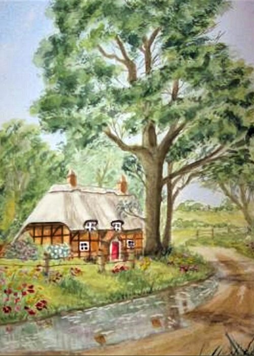 Cottage Greeting Card featuring the painting English Thatched Roof Cottage by Kelly Mills