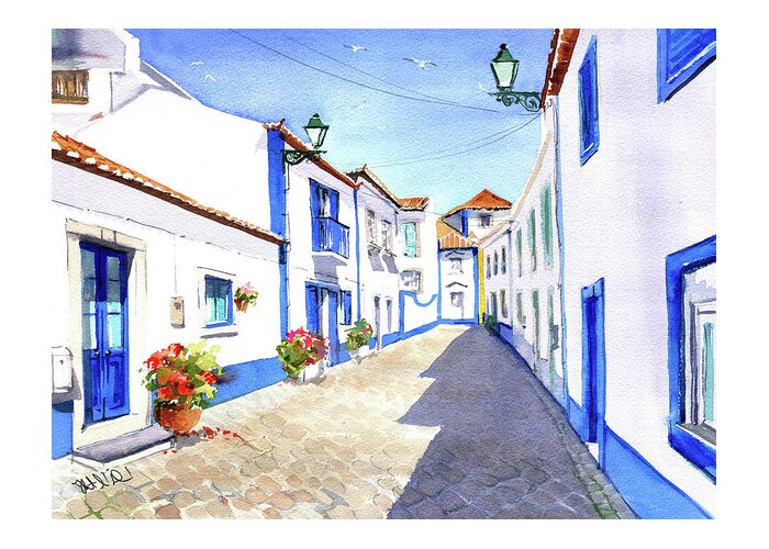 Ericeira Greeting Card featuring the painting Ericeira Old Town Street Painting by Dora Hathazi Mendes