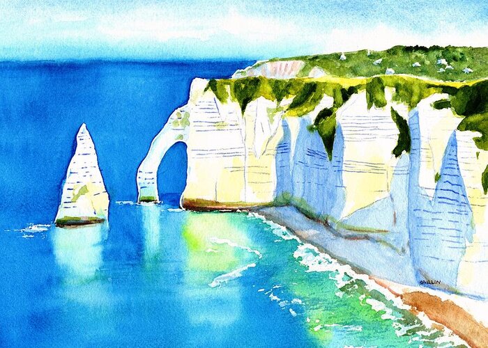 Etretat Greeting Card featuring the painting Etretat Aval Cliffs Arch and Needle by Carlin Blahnik CarlinArtWatercolor